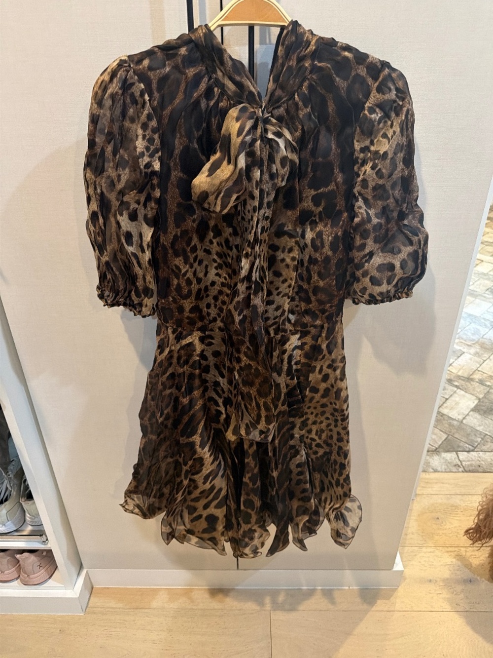 Dolce&Gabbana Silk Sheer Leopard Bow Neck Puff Sleeve Mini Dress IT 40